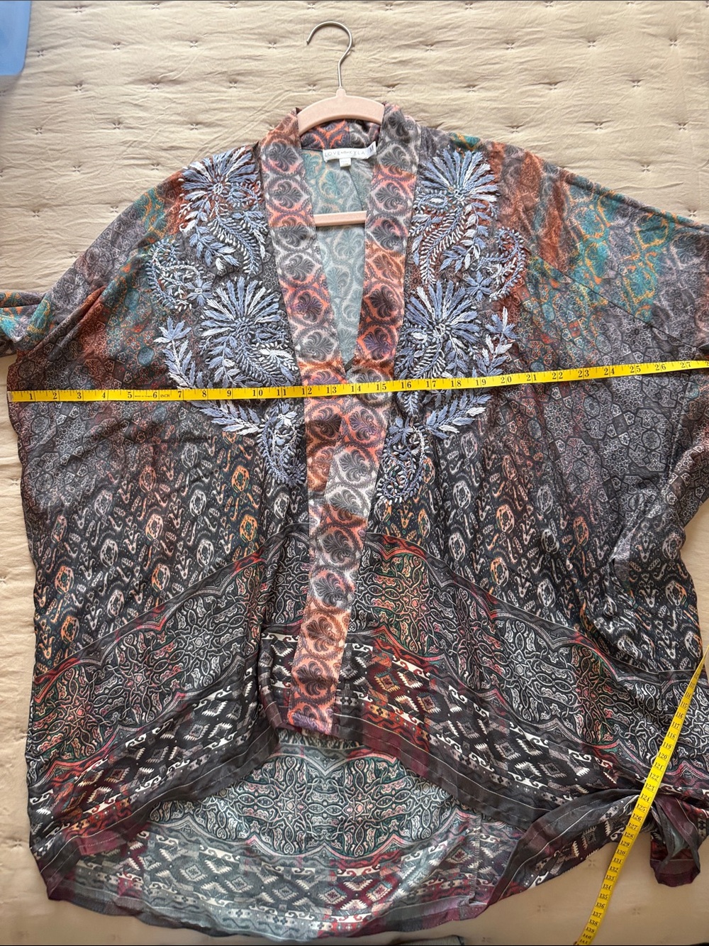 Boho Paisley Open Kimono Silk Hand Embroidered Cardigan in Rust, Teal & Gray - Picture 7 of 7